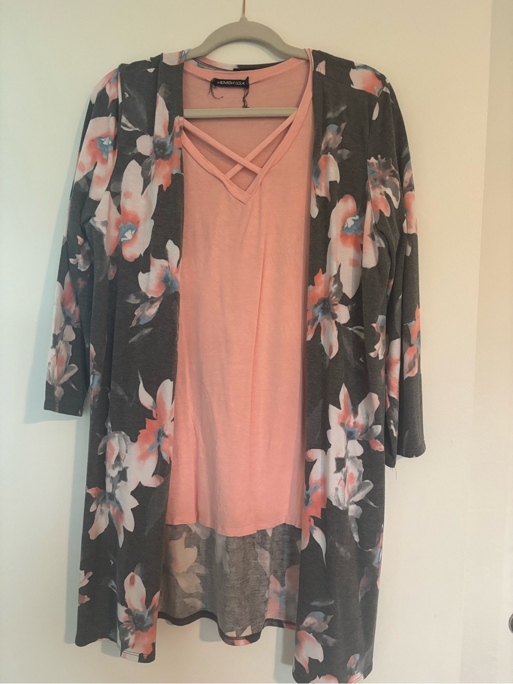 HEIMISH USA Pink Floral Open Cardigan with Peach Pink Crisscross Tank